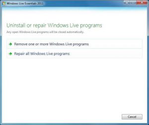 Repair Windows Live, screen 1