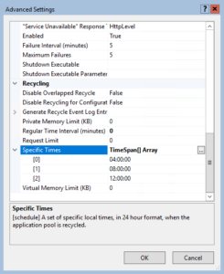 Application Pool Specific Time Interval recycle settings