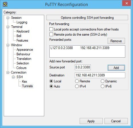 SSH port forwarding in PuTTY