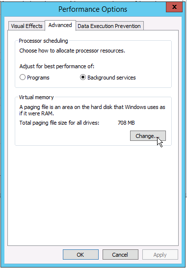 click advanced in Windows Server Performance Options to change pagfile settings click advanced in Windows Server Performance Options to change pagfile settings