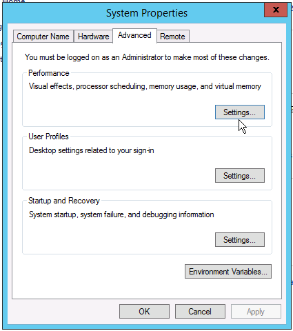 to change Windows pagefile settings click performance in Windows Server Advanced System Properties to change Windows pagefile settings click performance in Windows Server Advanced System Properties