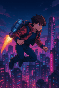 Anime Dude with Retro-futuristic Jetpack Soaring Above Neon-lit Cityscape