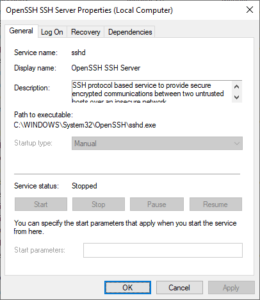 Microsoft OpenSSH SSH Server Properties screen