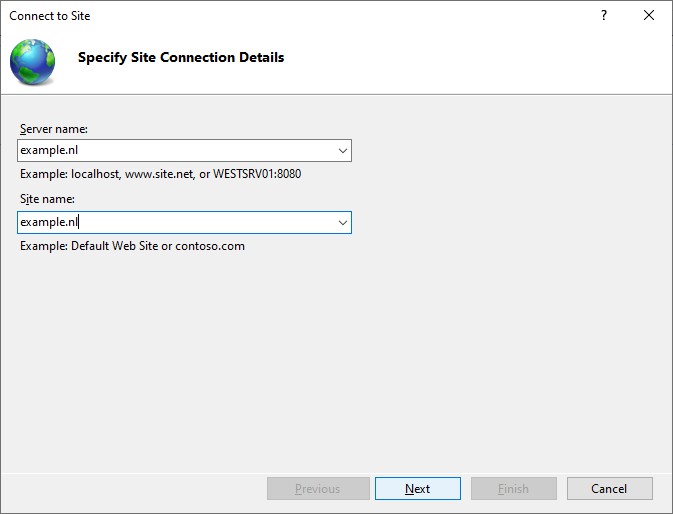 Specify Site Connection Details in IIS Manager