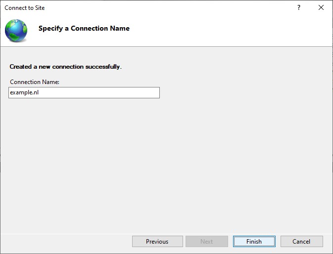 Specify a Connection Name after the connection was successfully made in IIS Manager