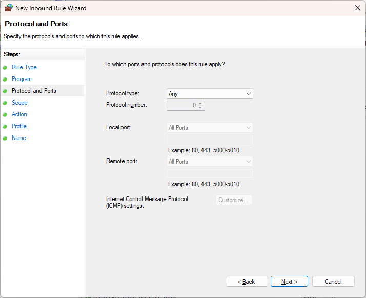 Set Firewall rule to any protocol type