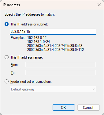 Add single IP address 203.0.113.15 to the firewall