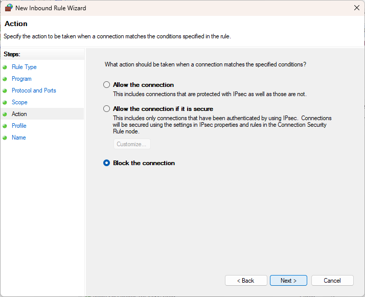 Block the connection action for the rule