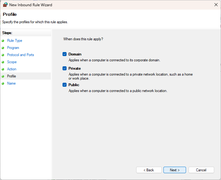 Applies to Domain, Private and Public connections