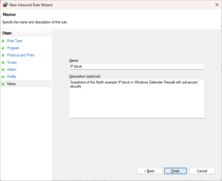 Sysadmins of the North example IP block in Windows Defender Firewall with advanced security