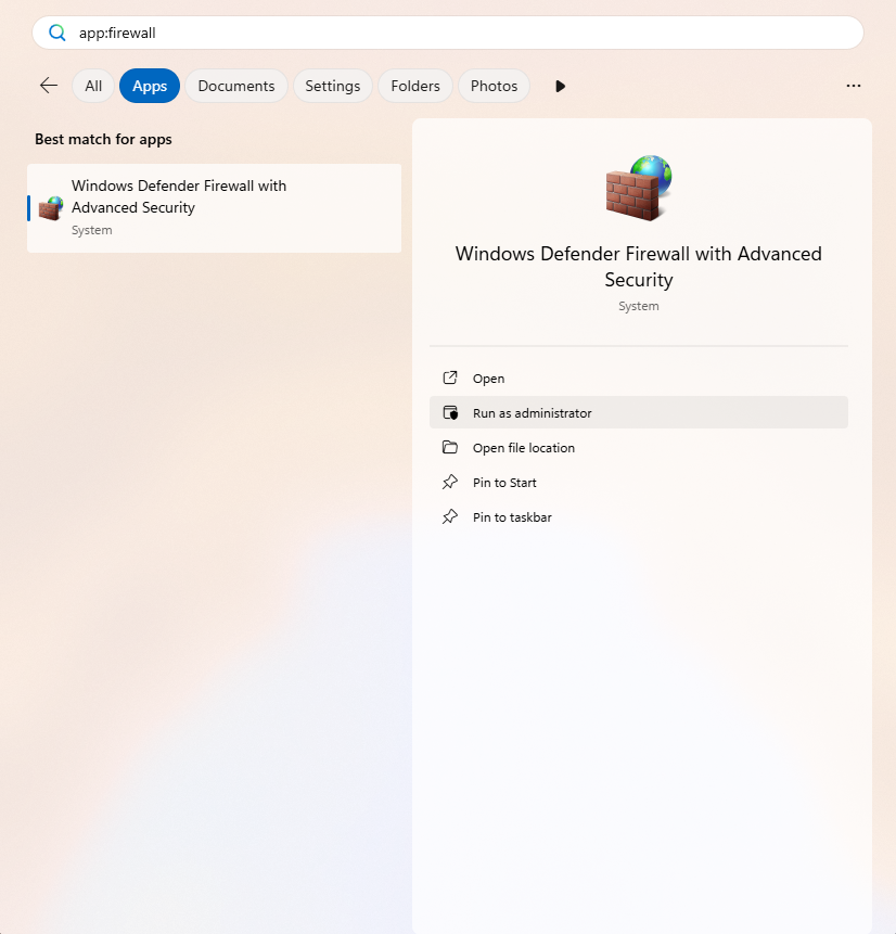Start Windows Defender Firewall with Advanced Security as Administrator