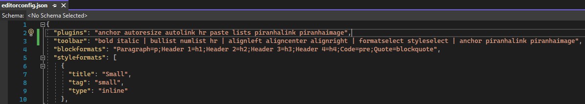Available TinyMCE plugins in editorconfig.json for Piranha CMS