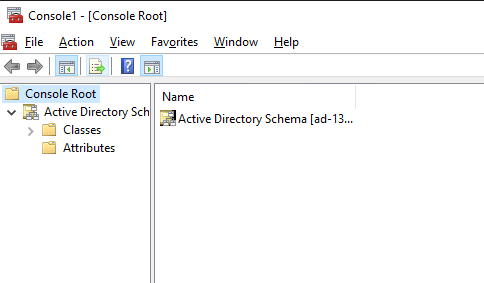 Active Directory Schema Snap-In is loaded and active in Microsoft Management Console (MMC).
