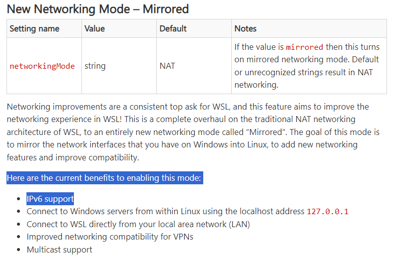 IPv6 support in WSL2 networkingMode