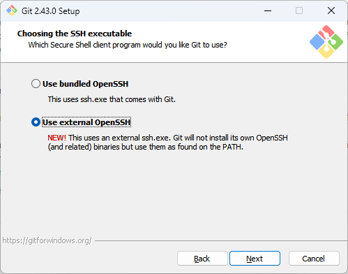 Git 2.43.0 Setup offering external OpenSSH installation option