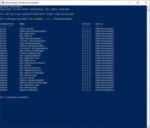 PowerShell Get-Command PSWindowsUpdate lists all available cmdlets within the PSWindowsUpdate module