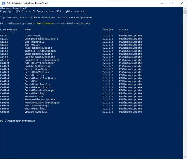 PowerShell Get-Command PSWindowsUpdate lists all available cmdlets within the PSWindowsUpdate module