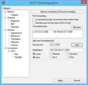 PuTTY Reconfiguration screen to tunnel RDP over ssh