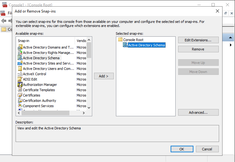 Select Active Directory Schema snap-in for MMC