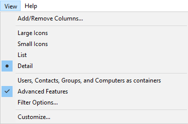 Enable Advanced Features in Active Directory Users and Computers