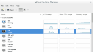 virt-manager running and showing VMs in KVM