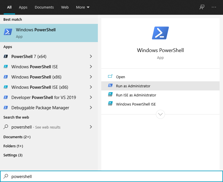 Run PowerShell as system administrator in Windows